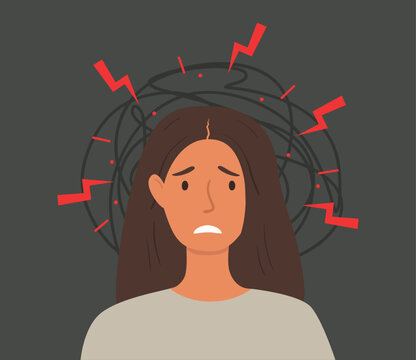 Vector illustration of a sad woman on a dark background with chaotic lines and red lightning around his head. Symbol of chronic stress, mental fatigue, burnout, and emotional pressure.