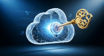 Cybersecurity & Cloud Access: Ornate gold key unlocks a futuristic digital cloud padlock. Represents data protection, privacy, and network solution