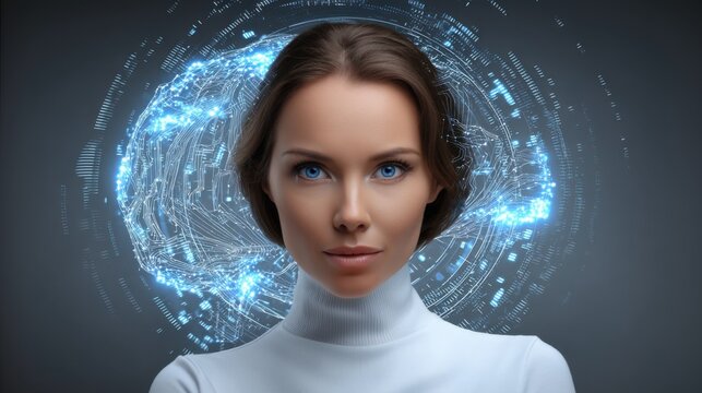 A portrait of a woman against a glowing abstract diagram shaped like a brain or neural network. Conceptual representation of AI, technology, and intelligence.