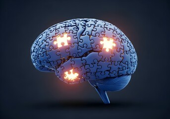 3D brain as complex jigsaw with glowing pieces symbolizing ideas, intelligence, and finding solutions