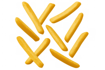 Falling french fries creating a pattern with golden fried potato sticks, fast food snack on transparent background