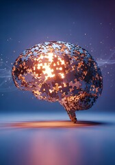 3D brain as complex jigsaw with glowing pieces symbolizing ideas, intelligence, and finding solutions