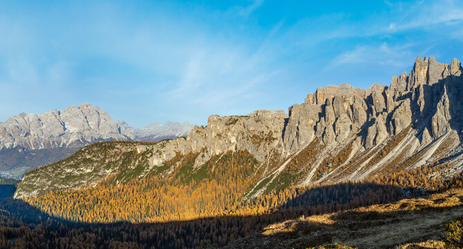Mountain sunny evening peaceful view from Giau Pass.