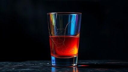 An abstract visualization of a vibrant colorful cocktail glass slowly cracking and draining of its color against a dark background.