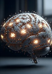 3D brain as complex jigsaw with glowing pieces symbolizing ideas, intelligence, and finding solutions