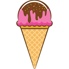 Strawberry Ice Cream Cone with Chocolate Topping and Sprinkles on a Transparent Background