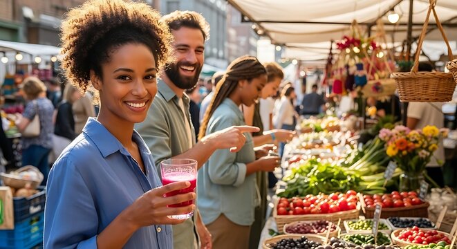 A diverse group of friends happily shopping for fresh produce at an outdoor farmer's market on a sunny day. - Powered by Adobe