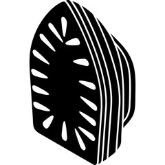 Stylized black and white isometric illustration of an iron shape with radiating lines on a transparent background representing a clean modern design element