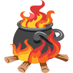 Stylized Black Cauldron Bubbling With Bright Orange Yellow Flames and Burning Wood Logs on Transparent Background