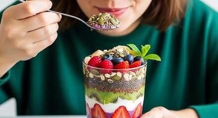 A woman in a green sweater eats a healthy layered fruit and yogurt parfait with a spoon from a glass.