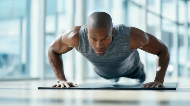 Muscular man in sportswear doing push ups indoors, emphasizing fitness and dedication. Bright gym environment with natural light enhances the energetic and inspiring training atmosphere