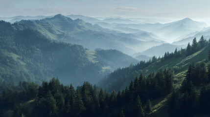 Obraz premium A breathtaking panorama of misty mountains, revealing layers of peaks and valleys bathed in soft, ethereal light