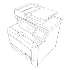 Printer line drawing on a white background. This multifunction device handles printing, scanning, copying, and faxing for office environments.