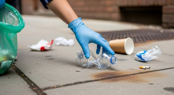Woman picking up plastic bottle from ground. Environmental cleanup and waste management concept for recycling programs and urban maintenance.