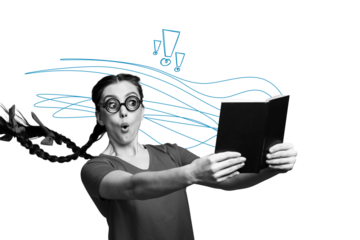 Trend artwork composite sketch image 3D photo collage of monochrome young woman student geek hand hold open book wow imagination fantasy