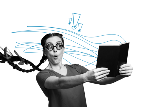 Trend artwork composite sketch image 3D photo collage of monochrome young woman student geek hand hold open book wow imagination fantasy