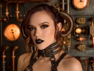 Steampunk-inspired woman with dark lipstick, wearing futuristic headgear and leather accessories. Copper pipes and ornate gauges form a mechanical backdrop, enhancing the sci-fi aesthetic