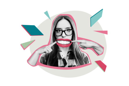 Composite trend 3D sketch image photo collage of monochrome portraite young woman sad face bad mood hand gesture finger hold mouth smile