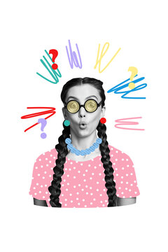 Vertical photo collage of astonished nerd girl open mouth brunette hairdo braids question mark dilemma isolated on painted background