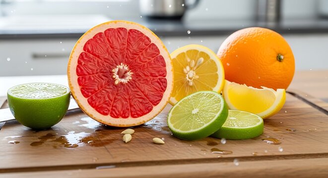 Fresh citrus fruits grapefruit lime orange lemon slices on wooden cutting board
