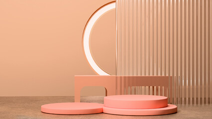 Peach product stage with ring light and curtains 3D render