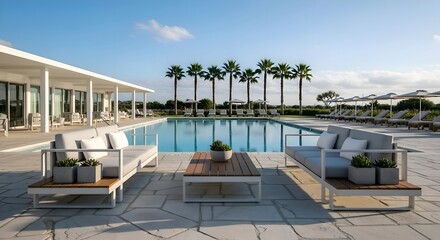 Fototapeta premium A modern outdoor lounge area beside a hotel pool