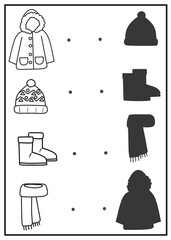 Winter clothes shadow matching worksheet. Preschool kids match jackets, hats, and boots to their shadows. Improves focus and logic.