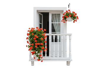 Charming white balcony adorned with lush red flowers and hanging baskets offering picturesque views