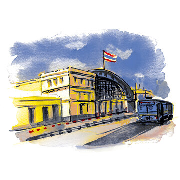 Hand-drawn watercolor urban sketch of Hua Lamphong railway station in Bangkok. Features expressive ink lines and wash. Perfect for travel posters, postcards, editorial prints, and apparel.