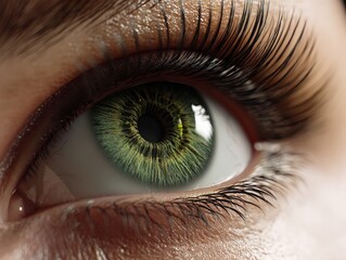 Close-up of a human eye with vibrant green iris and detailed reflection. Long eyelashes frame the eye, highlighting the intricate texture of the skin and colors within the iris