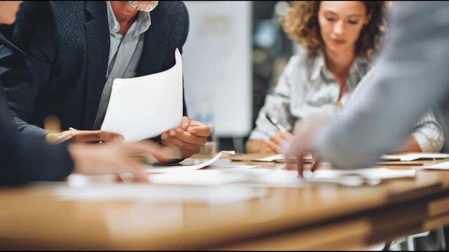 Strategic Collaboration: Business professionals engaging in a focused discussion around a wooden conference table, exchanging ideas and analyzing documents