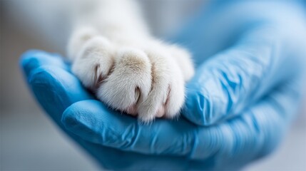 In a calm veterinary clinic, a caring vet wearing blue gloves carefully holds a cat's paw, demonstrating tenderness and professionalism. The scene reflects the bond between pets and their caregivers