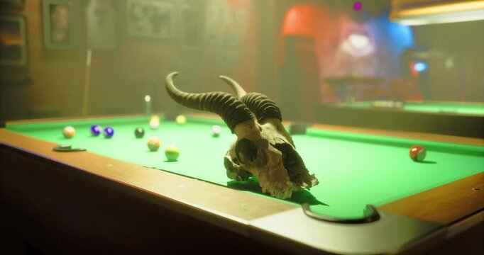 A pool table set in a dimly lit bar showcases a bull skull as a striking centerpiece. Surrounding it are colorful pool balls ready for a game, adding to the vibrant atmosphere.