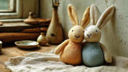 Soft plush rabbit twin plush rabbit stuffed rabbit toy bunny plush pair of rabbits cozy vintage scene