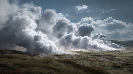 Dramatic cloudscape over a vast, undulating landscape, with billowing clouds filling the frame. The sky is a mix of blues and whites, and the ground is covered in patches of green and brown.