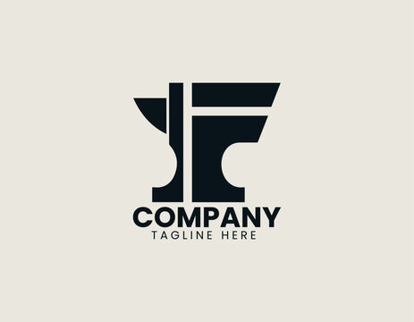 Iron forge anvil forming letter F shape in bold industrial vector logo design illustration