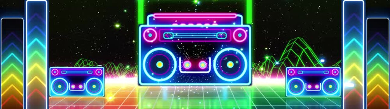 Retro 80s Neon Boombox Synthwave Background VJ Loop