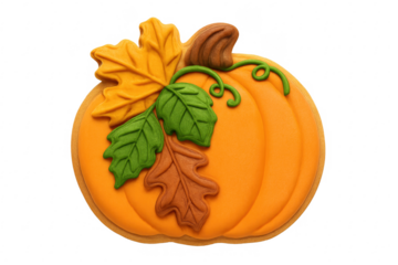 Pumpkin cookie with fall leaves icing, transparent background