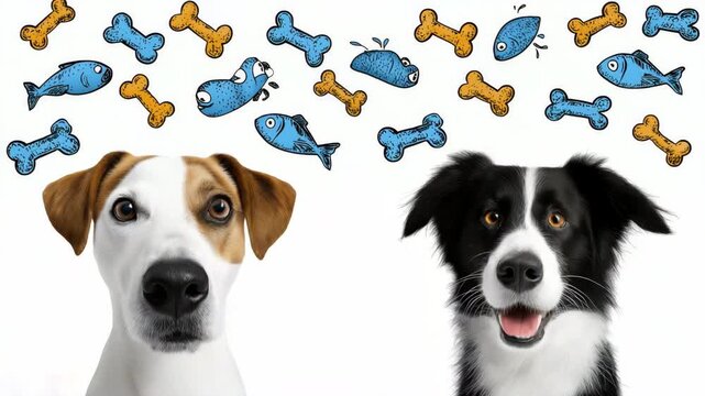 Animated dogs with floating cartoon fish and bones express changing emotions