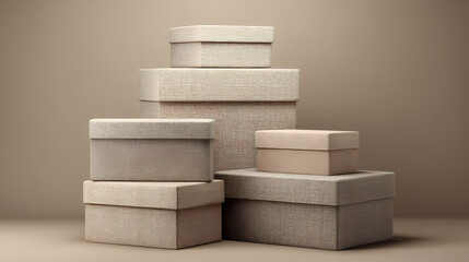 Stacked beige gift boxes, perfect for presents and various occasions. The arrangement showcases different sizes, with subtle shadows adding depth