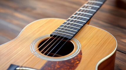 Fototapeta premium Beautiful acoustic guitar with warm wood tones and detailed craftsmanship