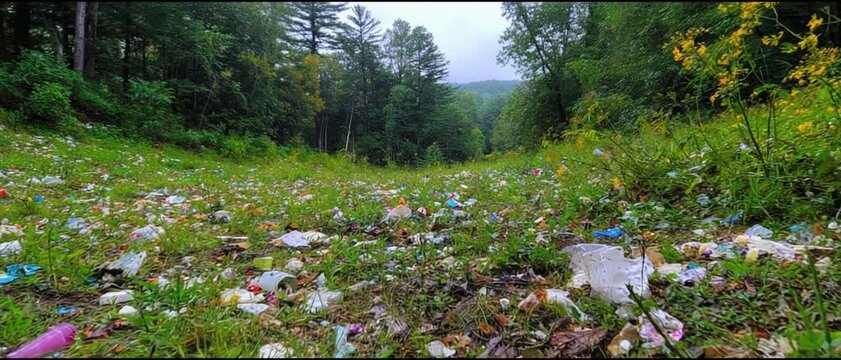Environmental Hazard: A vast expanse of nature, marred by a scattering of discarded trash, unveils an environmental concern, symbolizing the consequences of pollution on pristine landscapes.