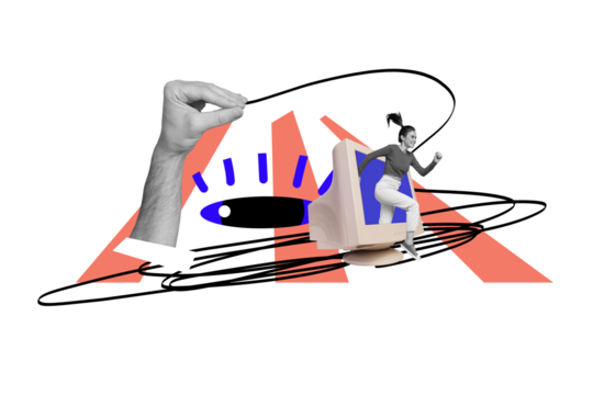 Creative photo poster trend art collage image of hand catch line trap happy girl run pc monitor screen eyeball hacking spyware