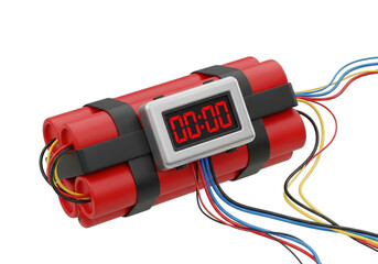 Dynamite bomb with digital timer and colorful wires imminent danger threat explosive device