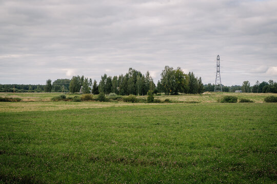 Expansive green field under a cloudy sky with scattered trees and a distant power line, showcasing the beauty of rural landscapes and nature's tranquility