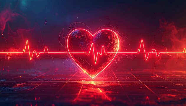 A glowing red heart shape over a pulsating heart rate line, reflecting on a dark surface with smoke in the background