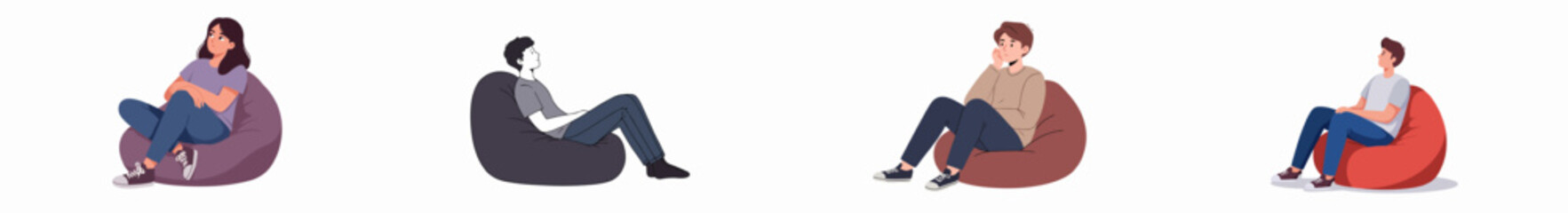 Vector set of young adults sitting and lounging comfortably in colorful bean bag chairs, enjoying relaxation and casual leisure time.