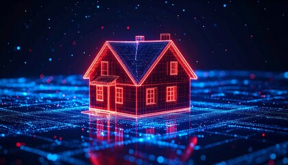 A glowing, stylized, red wireframe house sits on a blue, digital platform amidst blurred points of light