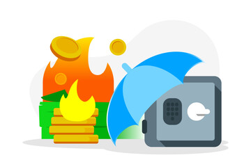 illustration of burning money and safe protected by umbrella. financial protection, risk management, emergency fund, insurance, investment security. Concept of saving money from loss, economic crisis