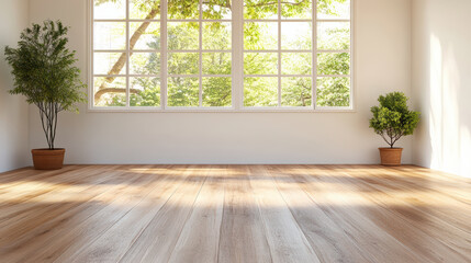 Obraz premium Bright wooden floor illuminated by natural light, creating peaceful atmosphere with greenery